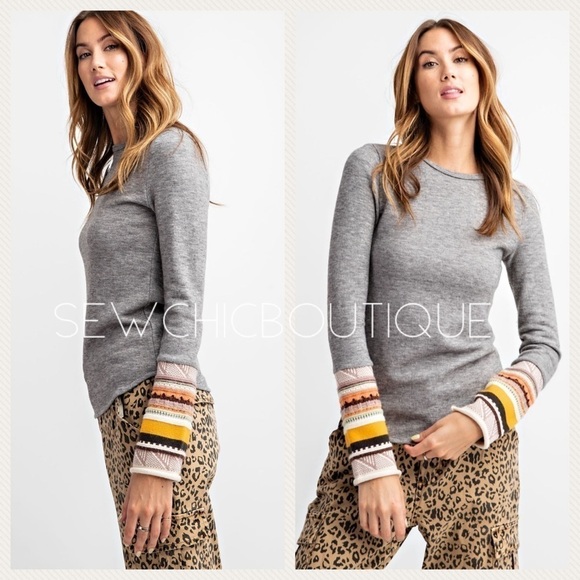 Gray Hacci Knit Contrast Sleeve Detail Top - Picture 4 of 5